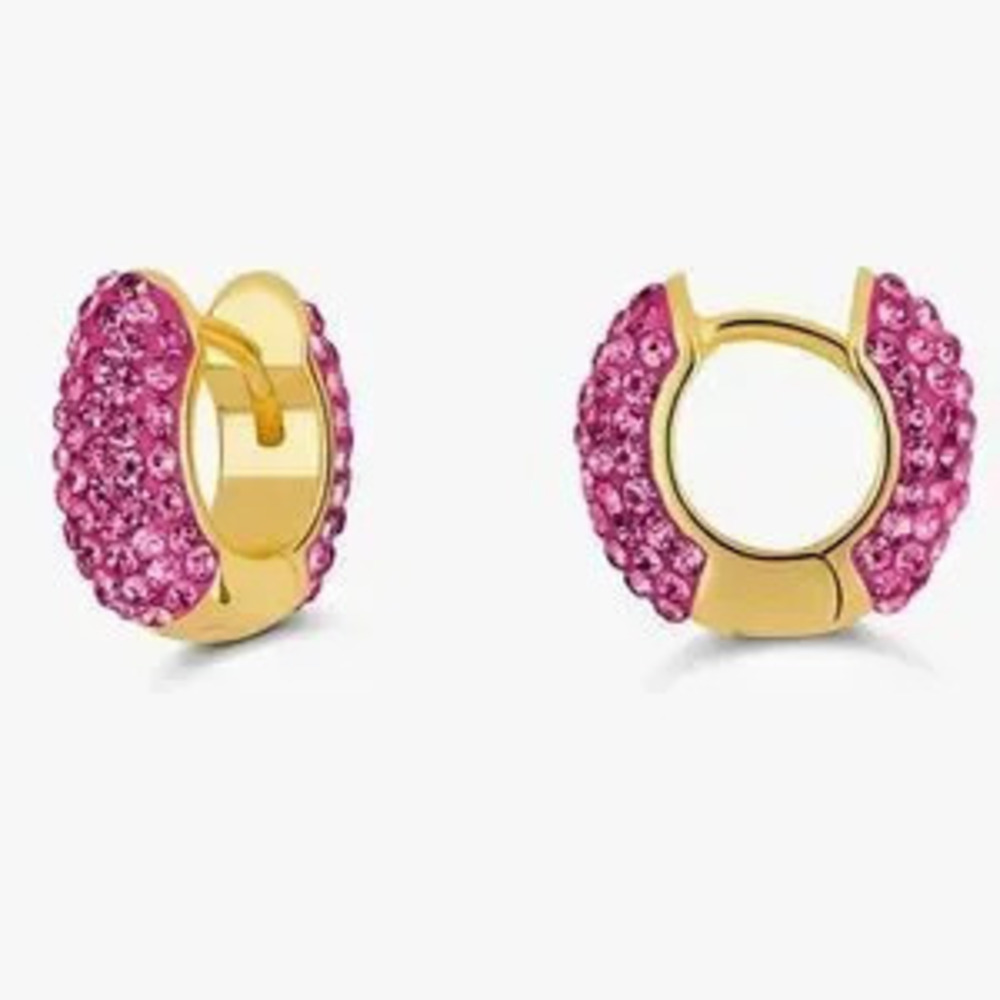 NEW?14k Gold Plated Gold and Pink Crystal Hoop Earrings - Picture 1 of 4
